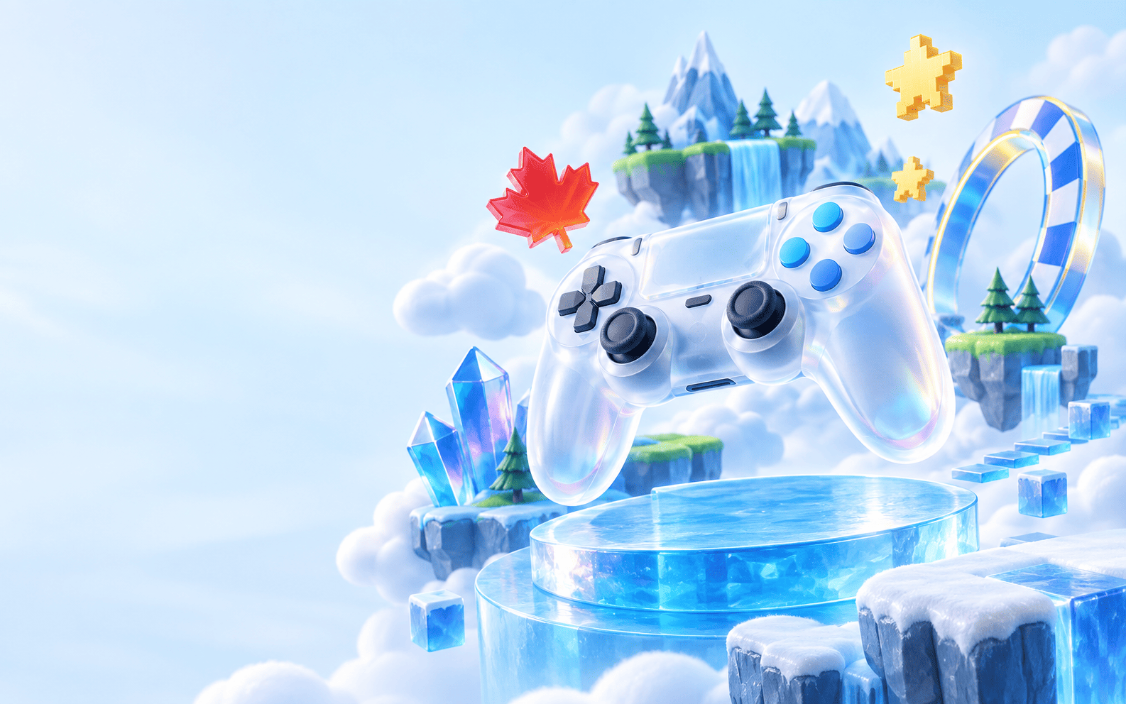 A translucent game controller floating above an icy blue fantasy platform with a red maple leaf